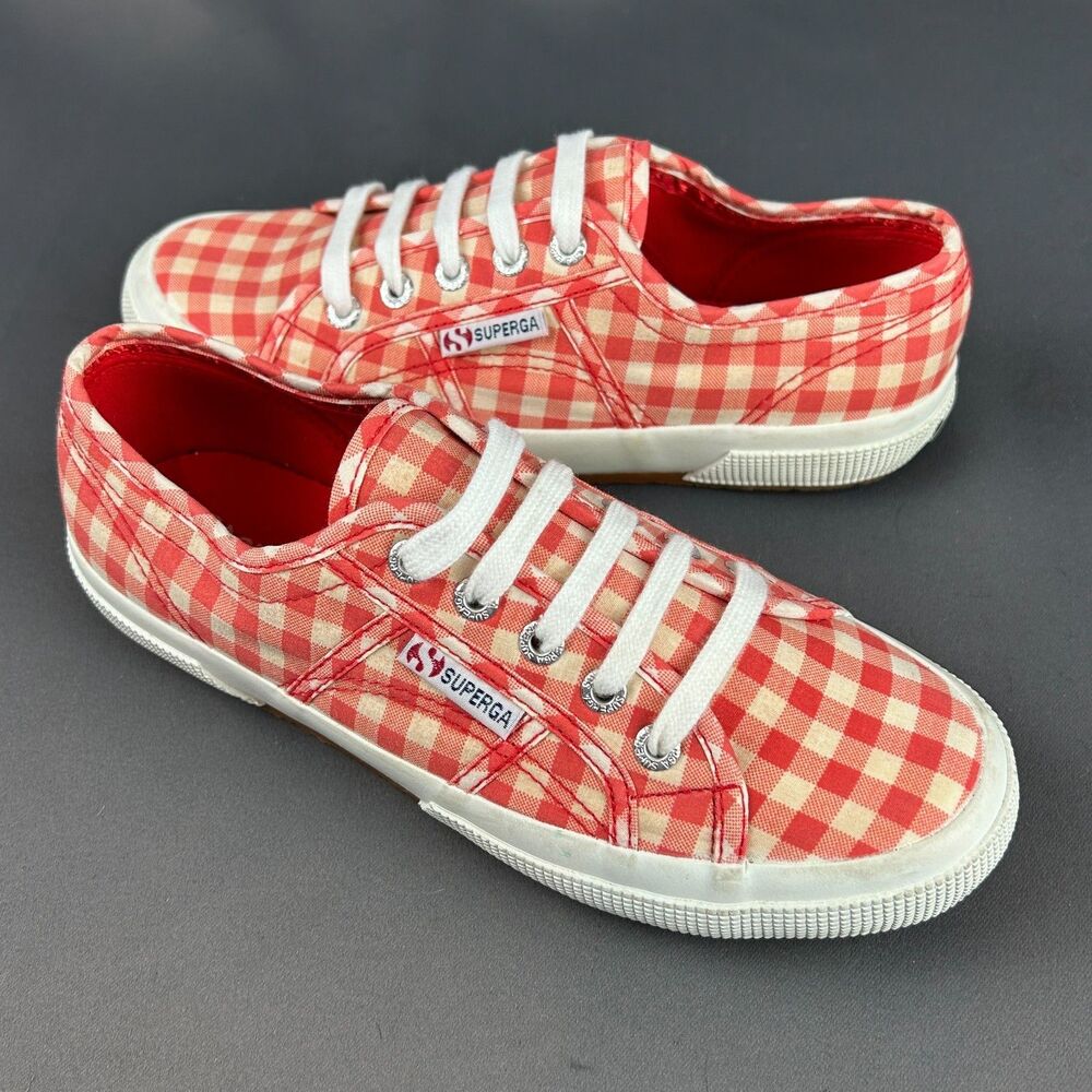 Superga Red and White Gingham Sneakers Check Plaid Lace Up Women’s Size 7 NEW - Picture 10 of 15